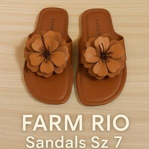 FARM Rio Floral Sandals Brown Leather Slide Statement Summer Chic